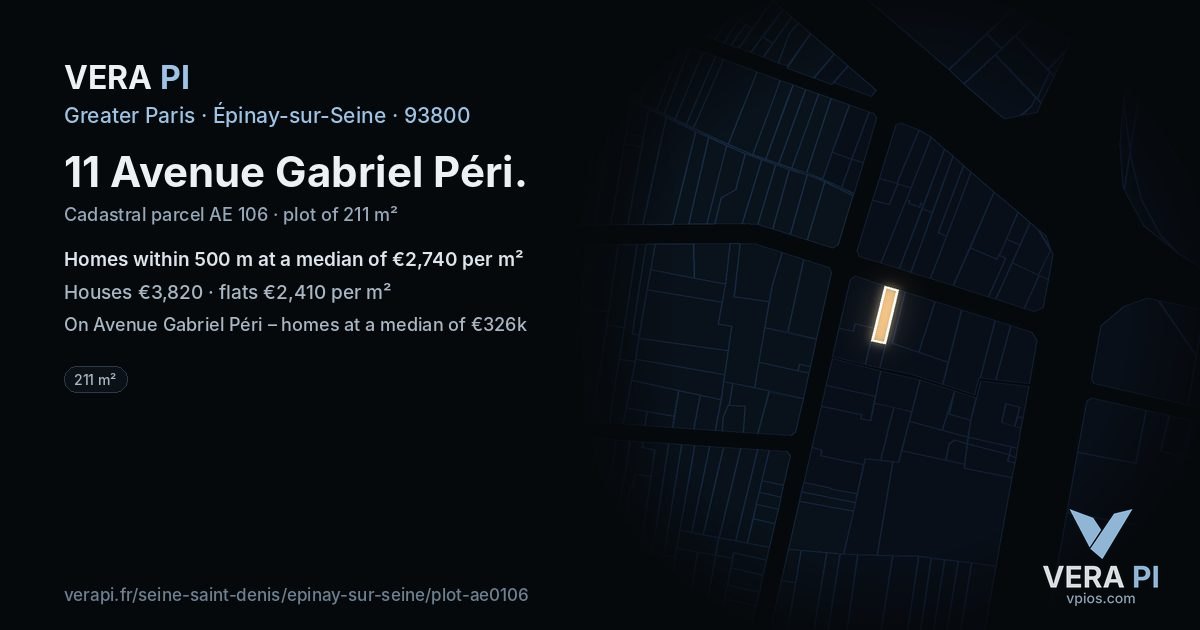 11 Avenue Gabriel Péri, Épinay-sur-Seine at night – the plot lit, the parcels around coloured by the prices near them