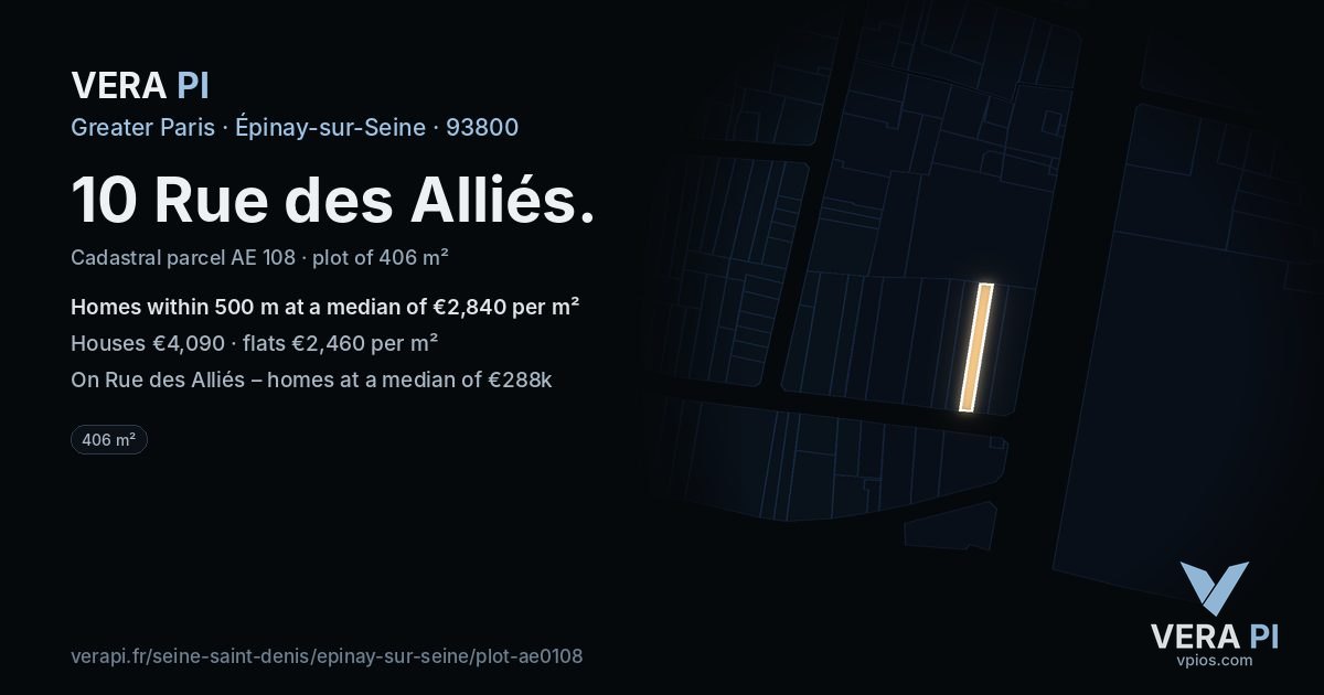 10 Rue des Alliés, Épinay-sur-Seine at night – the plot lit, the parcels around coloured by the prices near them