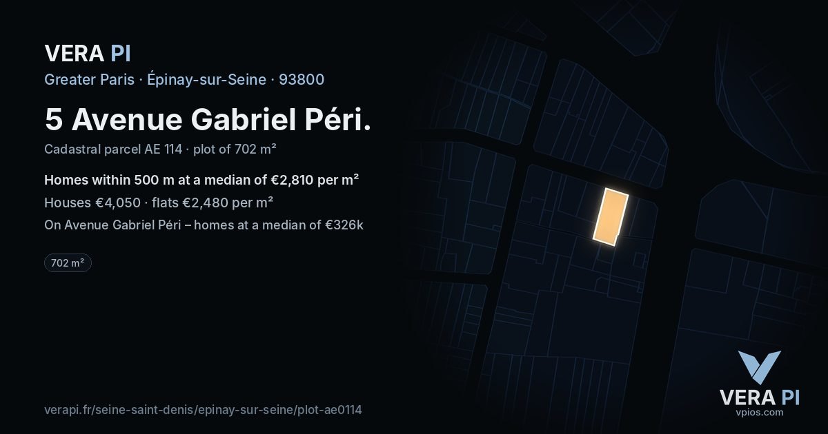 5 Avenue Gabriel Péri, Épinay-sur-Seine at night – the plot lit, the parcels around coloured by the prices near them