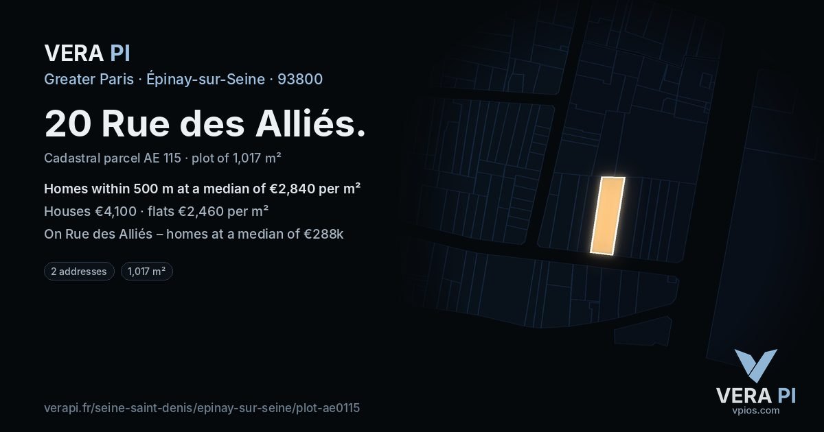 20 Rue des Alliés, Épinay-sur-Seine at night – the plot lit, the parcels around coloured by the prices near them