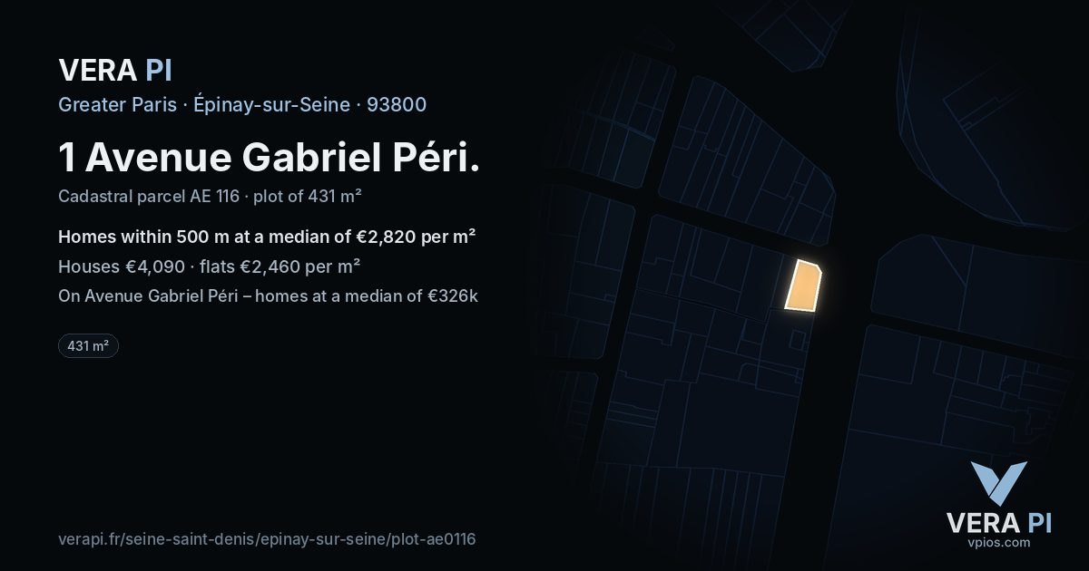 1 Avenue Gabriel Péri, Épinay-sur-Seine at night – the plot lit, the parcels around coloured by the prices near them