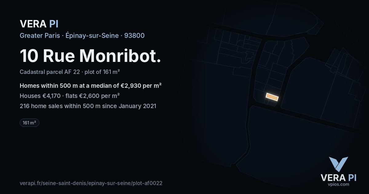 10 Rue Monribot, Épinay-sur-Seine at night – the plot lit, the parcels around coloured by the prices near them