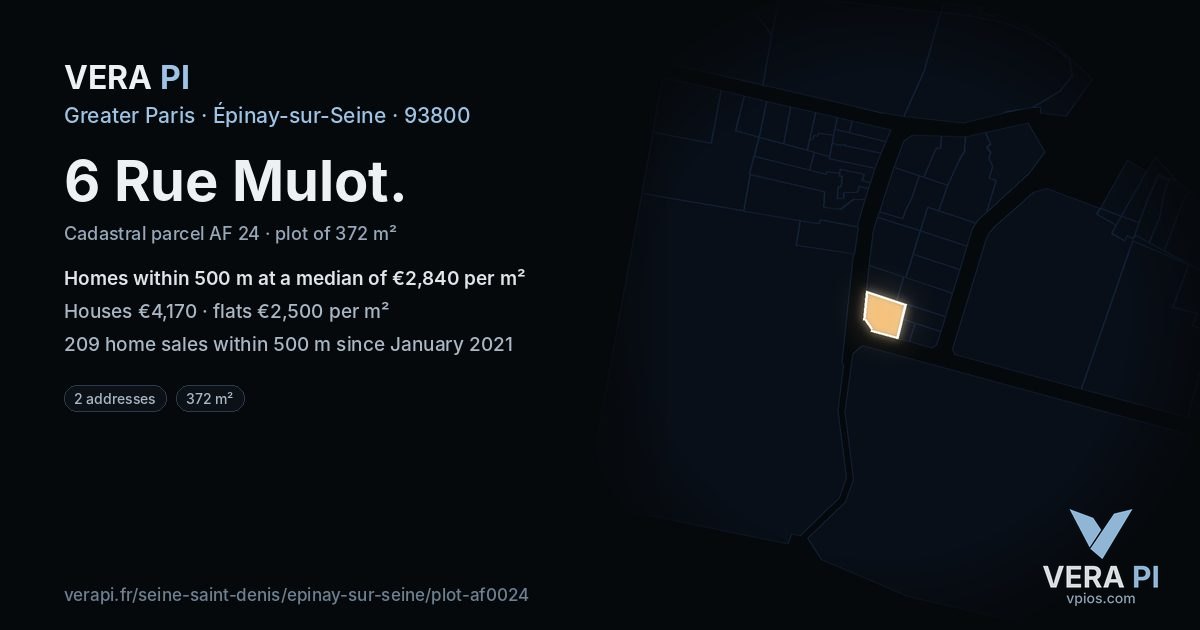 6 Rue Mulot, Épinay-sur-Seine at night – the plot lit, the parcels around coloured by the prices near them