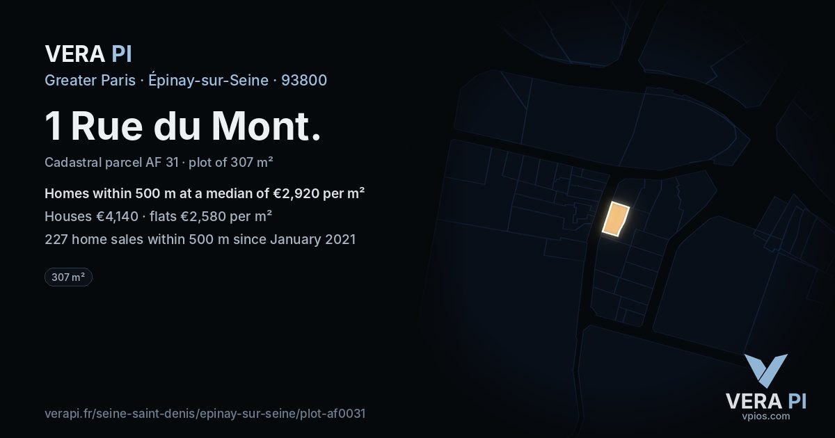 1 Rue du Mont, Épinay-sur-Seine at night – the plot lit, the parcels around coloured by the prices near them