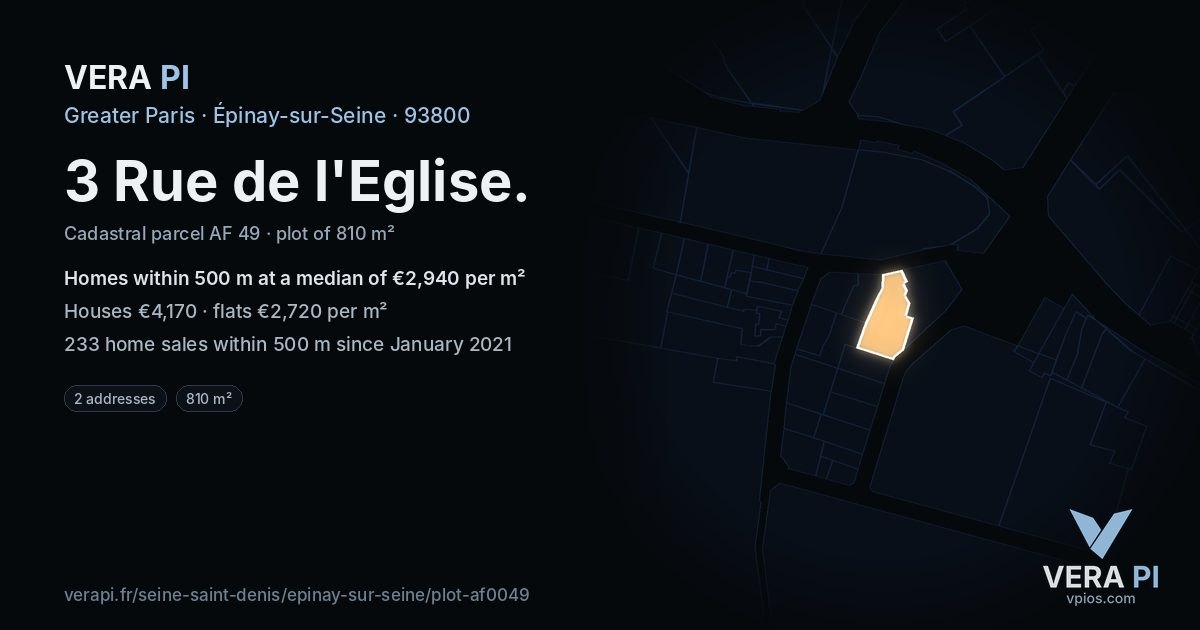 3 Rue de l'Eglise, Épinay-sur-Seine at night – the plot lit, the parcels around coloured by the prices near them