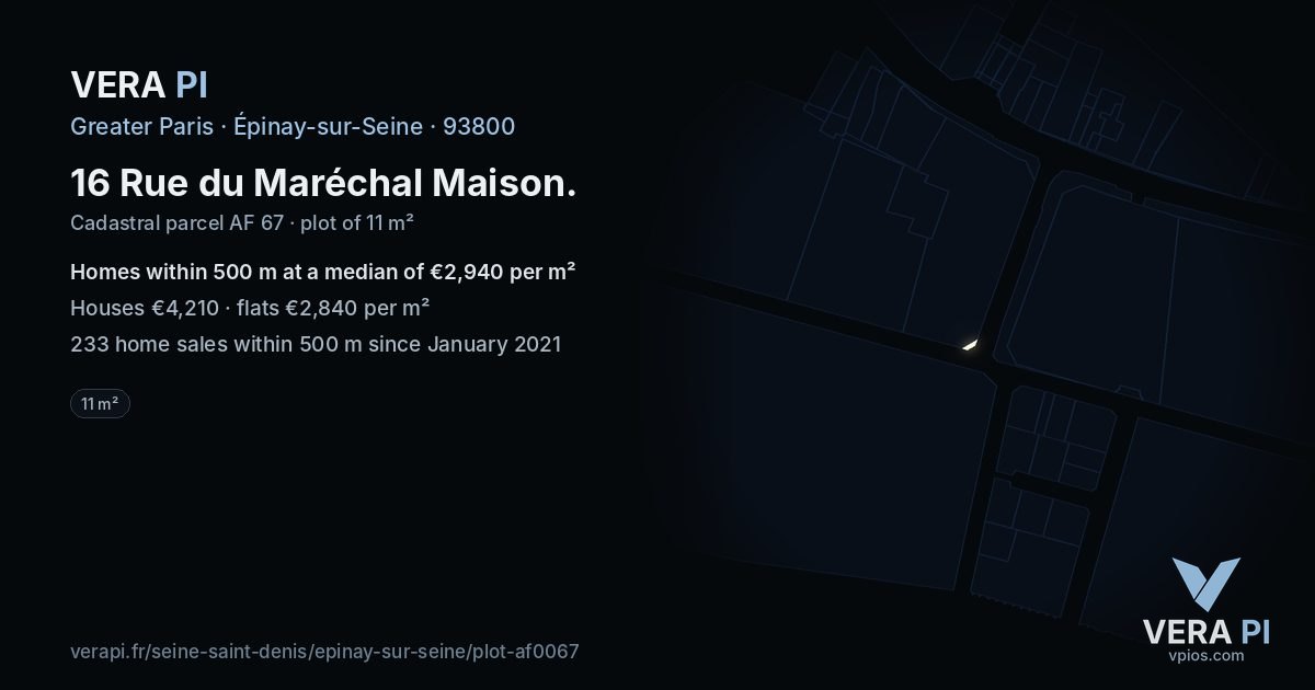 16 Rue du Maréchal Maison, Épinay-sur-Seine at night – the plot lit, the parcels around coloured by the prices near them