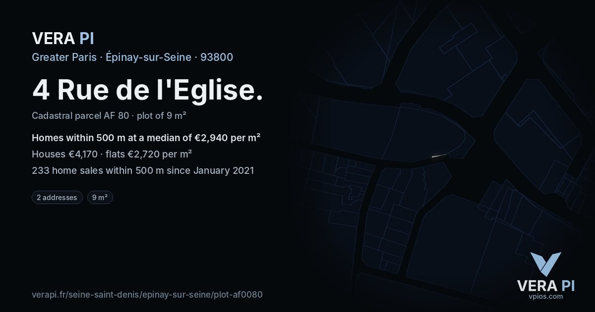 4 Rue de l'Eglise, Épinay-sur-Seine at night – the plot lit, the parcels around coloured by the prices near them