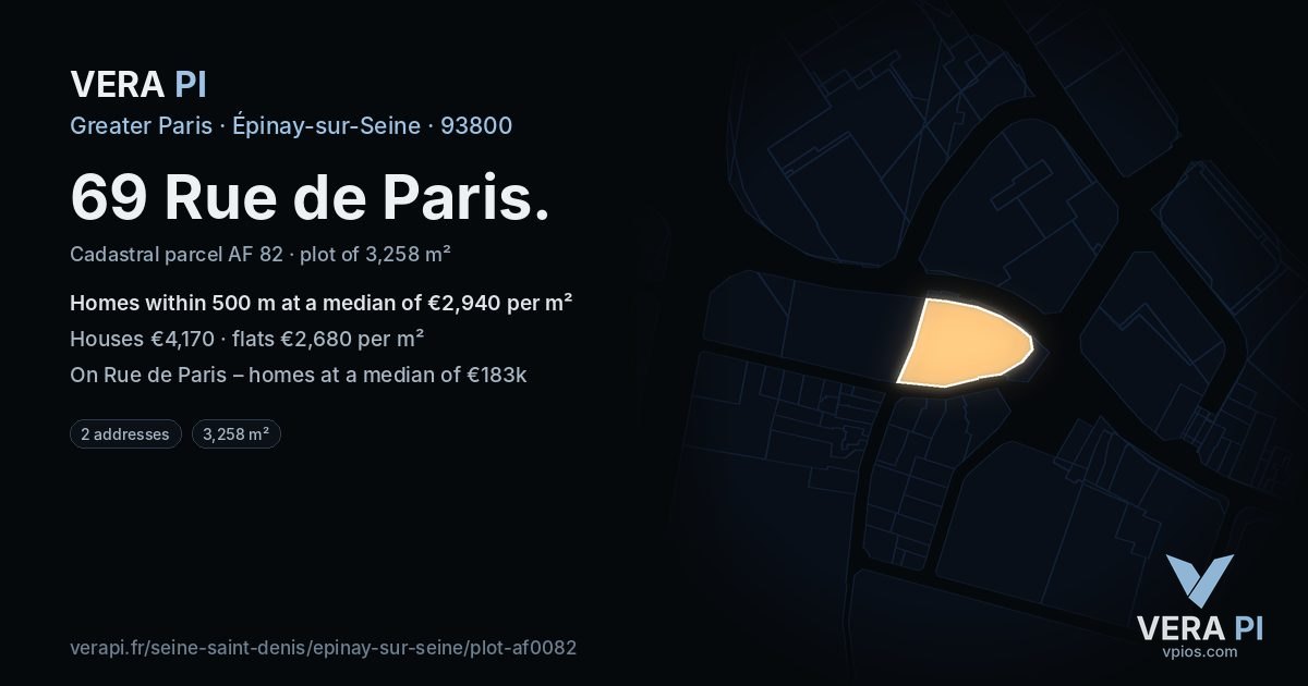 69 Rue de Paris, Épinay-sur-Seine at night – the plot lit, the parcels around coloured by the prices near them