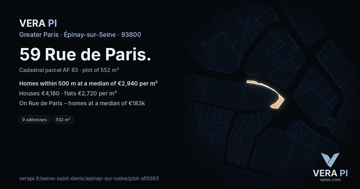 59 Rue de Paris, Épinay-sur-Seine at night – the plot lit, the parcels around coloured by the prices near them
