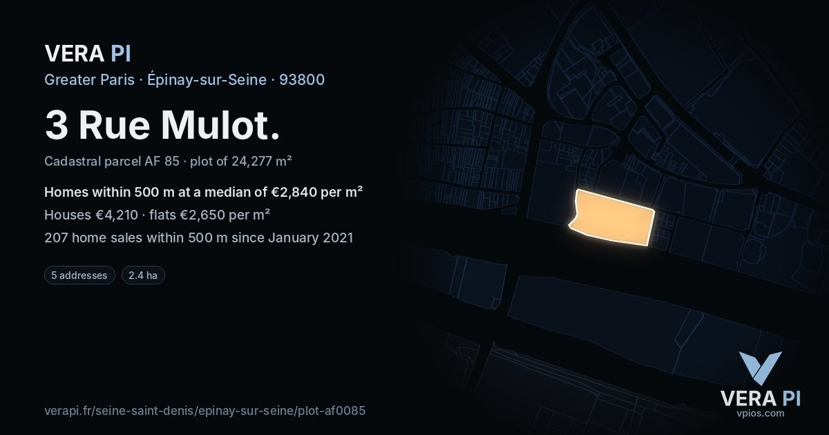 3 Rue Mulot, Épinay-sur-Seine at night – the plot lit, the parcels around coloured by the prices near them