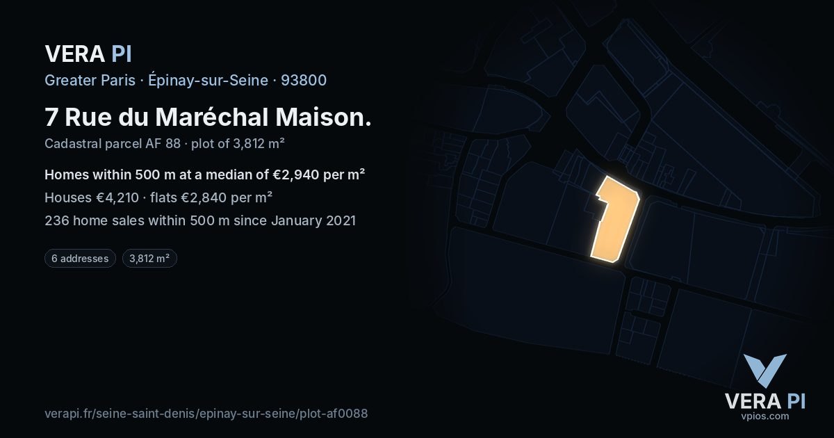 7 Rue du Maréchal Maison, Épinay-sur-Seine at night – the plot lit, the parcels around coloured by the prices near them