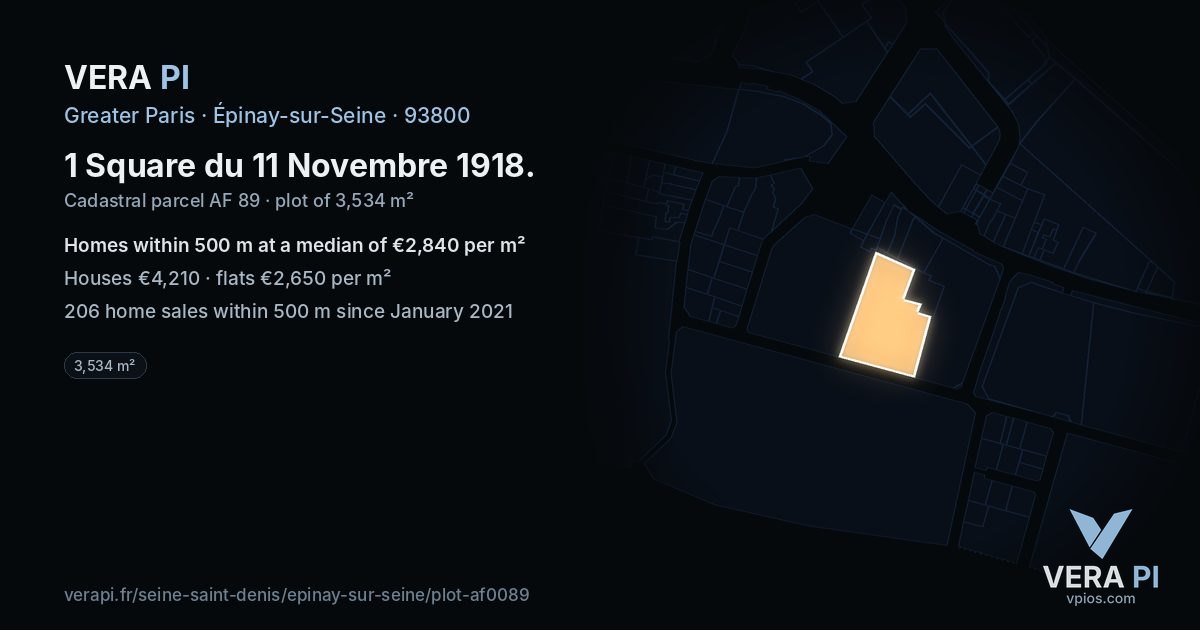 1 Square du 11 Novembre 1918, Épinay-sur-Seine at night – the plot lit, the parcels around coloured by the prices near them