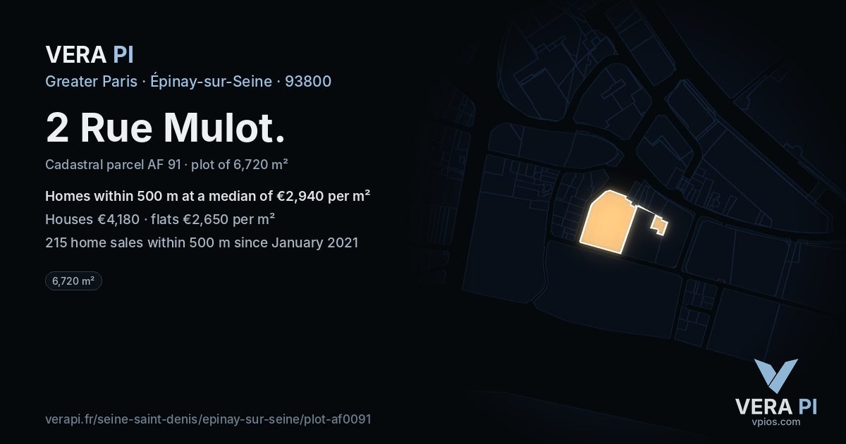 2 Rue Mulot, Épinay-sur-Seine at night – the plot lit, the parcels around coloured by the prices near them