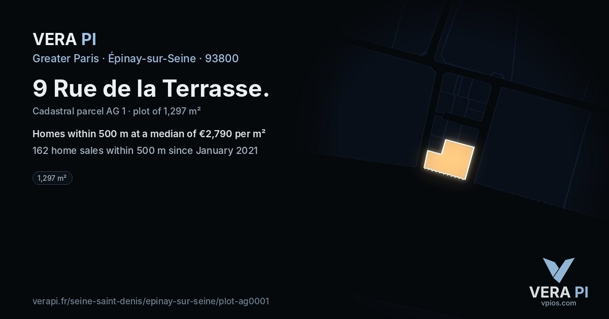9 Rue de la Terrasse, Épinay-sur-Seine at night – the plot lit, the parcels around coloured by the prices near them