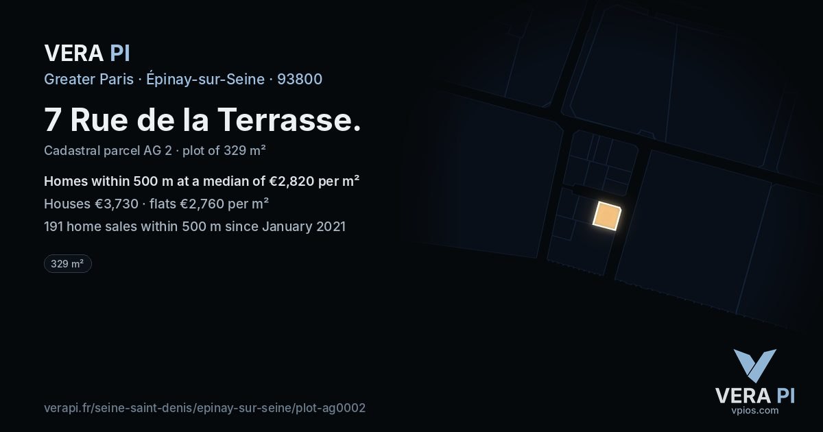 7 Rue de la Terrasse, Épinay-sur-Seine at night – the plot lit, the parcels around coloured by the prices near them