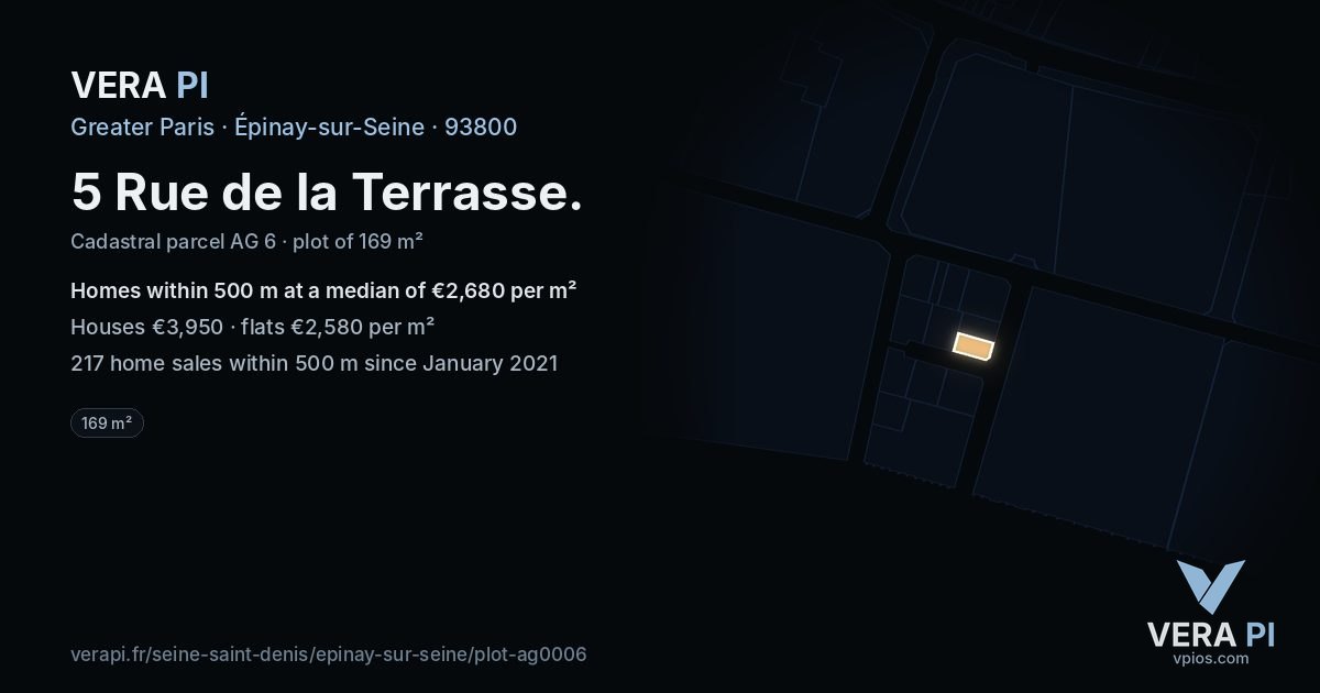 5 Rue de la Terrasse, Épinay-sur-Seine at night – the plot lit, the parcels around coloured by the prices near them