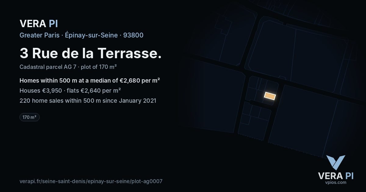 3 Rue de la Terrasse, Épinay-sur-Seine at night – the plot lit, the parcels around coloured by the prices near them