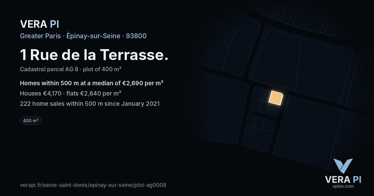 1 Rue de la Terrasse, Épinay-sur-Seine at night – the plot lit, the parcels around coloured by the prices near them