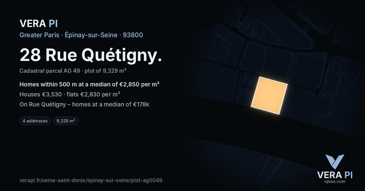 28 Rue Quétigny, Épinay-sur-Seine at night – the plot lit, the parcels around coloured by the prices near them