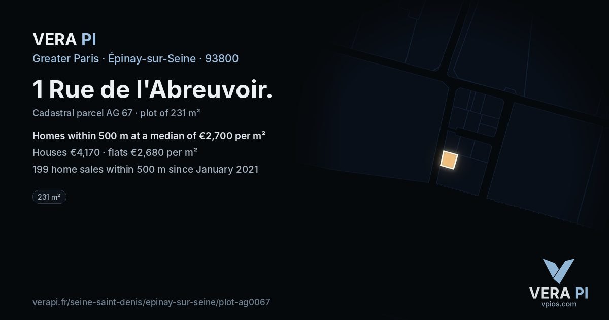 1 Rue de l'Abreuvoir, Épinay-sur-Seine at night – the plot lit, the parcels around coloured by the prices near them