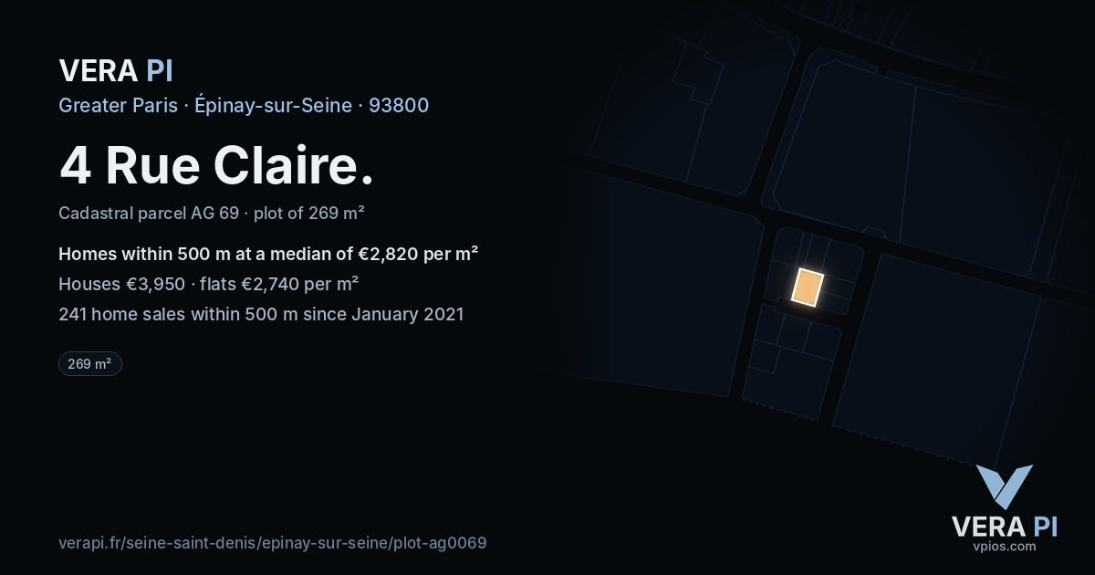 4 Rue Claire, Épinay-sur-Seine at night – the plot lit, the parcels around coloured by the prices near them