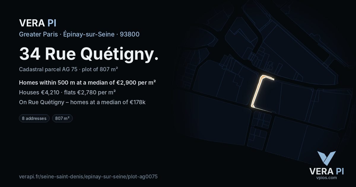 34 Rue Quétigny, Épinay-sur-Seine at night – the plot lit, the parcels around coloured by the prices near them