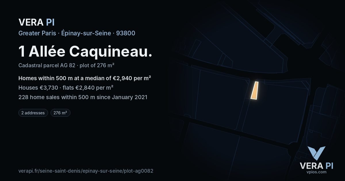 1 Allée Caquineau, Épinay-sur-Seine at night – the plot lit, the parcels around coloured by the prices near them