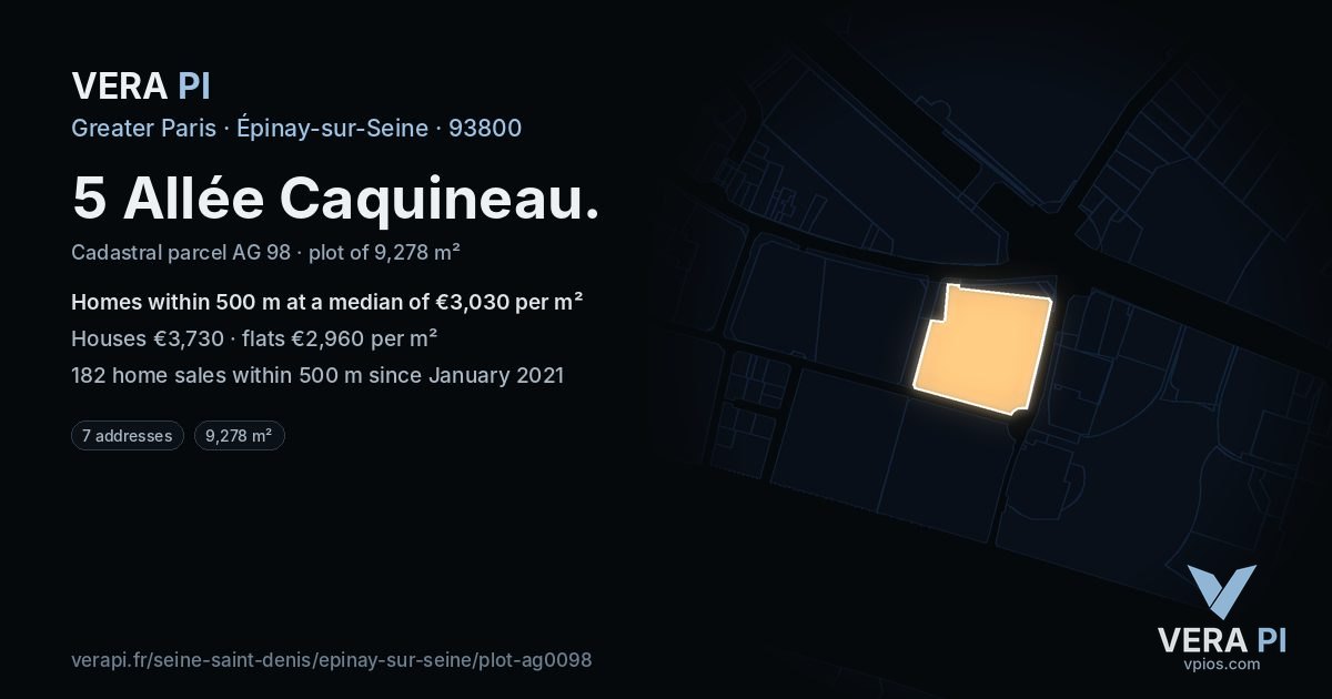 5 Allée Caquineau, Épinay-sur-Seine at night – the plot lit, the parcels around coloured by the prices near them