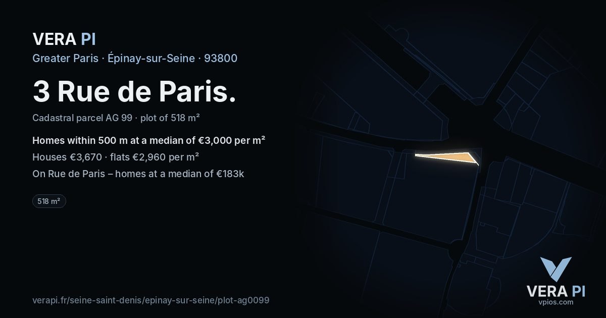 3 Rue de Paris, Épinay-sur-Seine at night – the plot lit, the parcels around coloured by the prices near them