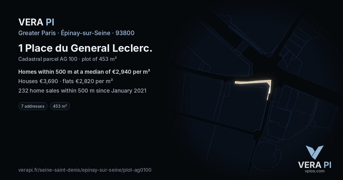 1 Place du General Leclerc, Épinay-sur-Seine at night – the plot lit, the parcels around coloured by the prices near them