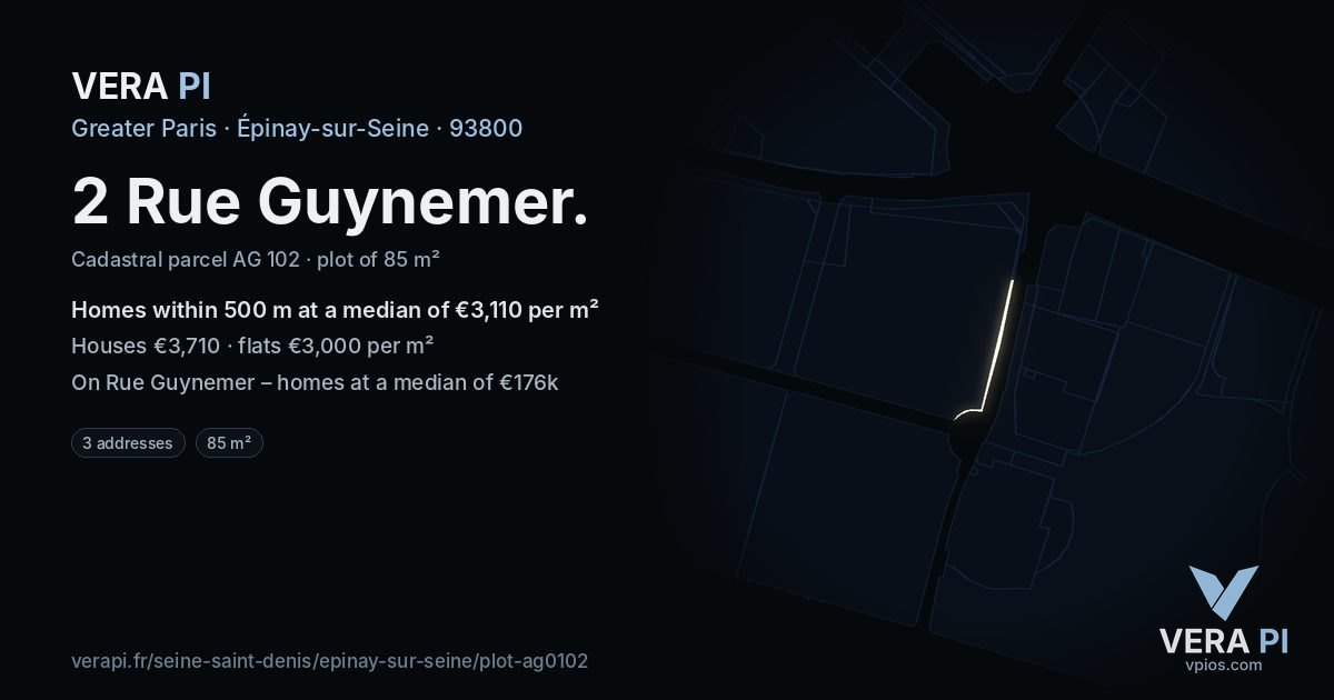 2 Rue Guynemer, Épinay-sur-Seine at night – the plot lit, the parcels around coloured by the prices near them