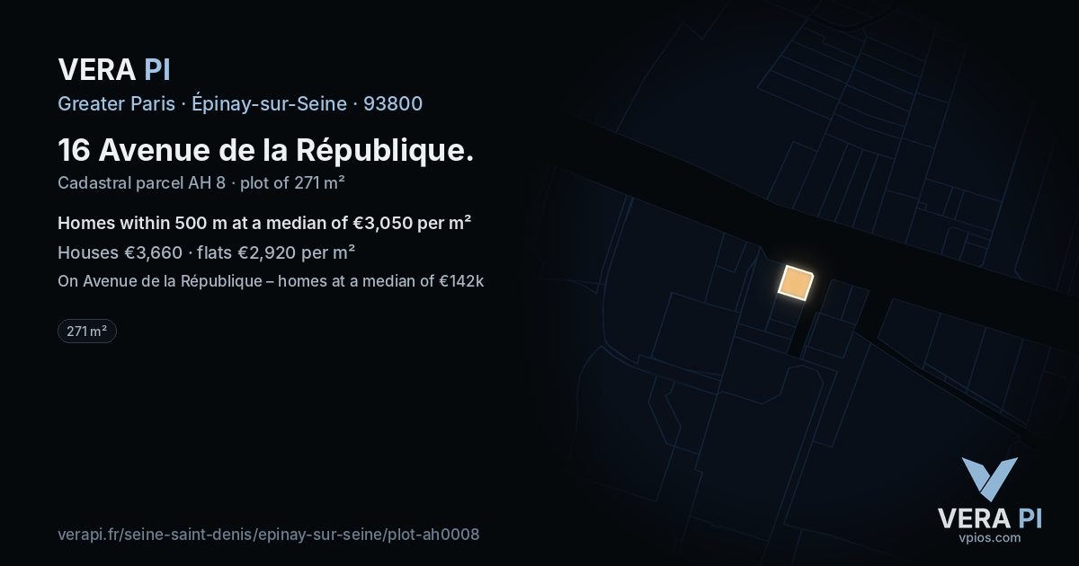16 Avenue de la République, Épinay-sur-Seine at night – the plot lit, the parcels around coloured by the prices near them