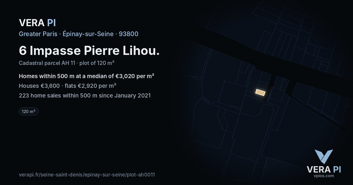 6 Impasse Pierre Lihou, Épinay-sur-Seine at night – the plot lit, the parcels around coloured by the prices near them