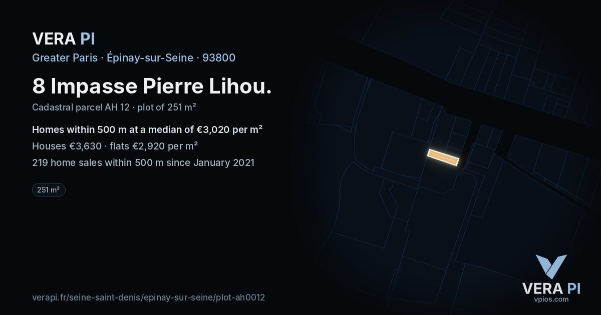 8 Impasse Pierre Lihou, Épinay-sur-Seine at night – the plot lit, the parcels around coloured by the prices near them
