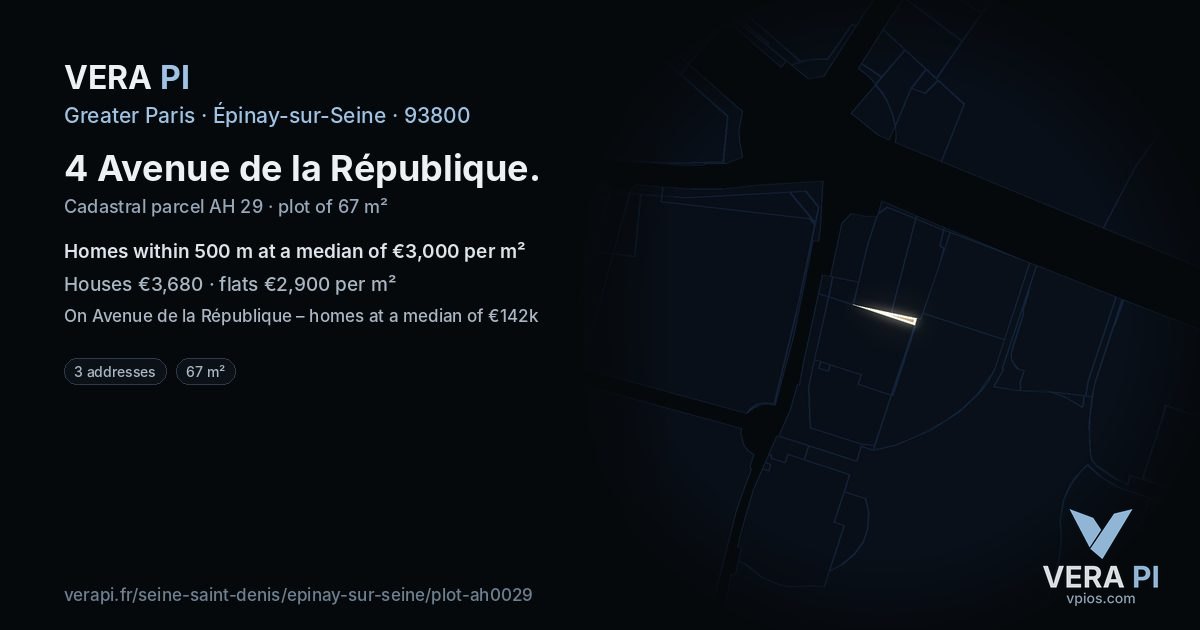 4 Avenue de la République, Épinay-sur-Seine at night – the plot lit, the parcels around coloured by the prices near them