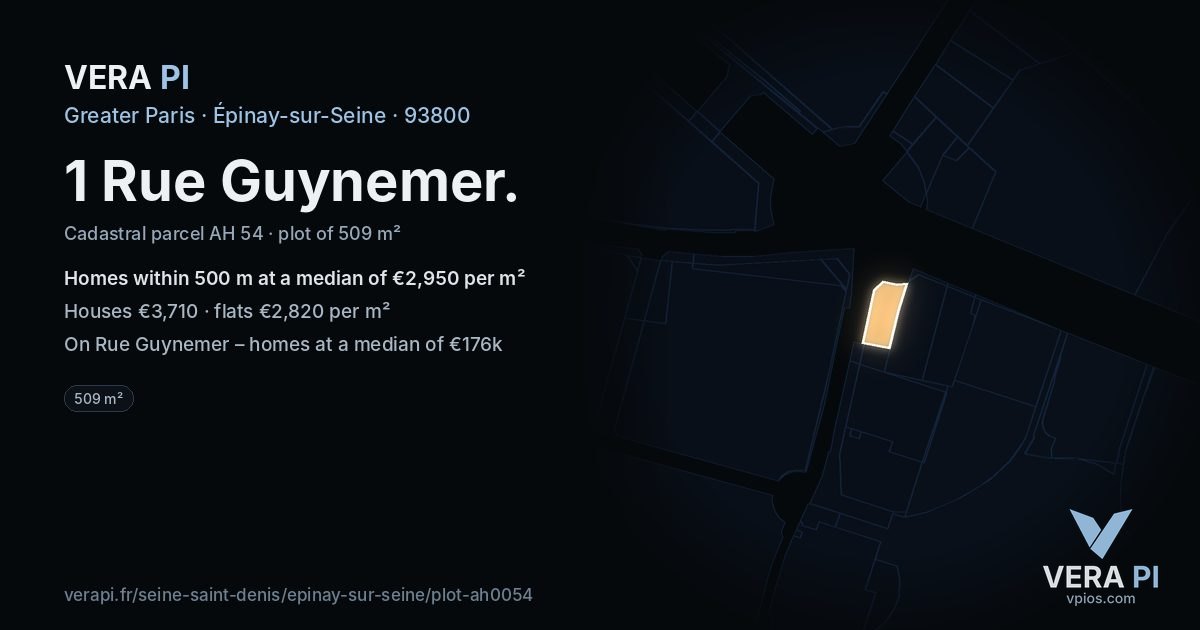 1 Rue Guynemer, Épinay-sur-Seine at night – the plot lit, the parcels around coloured by the prices near them