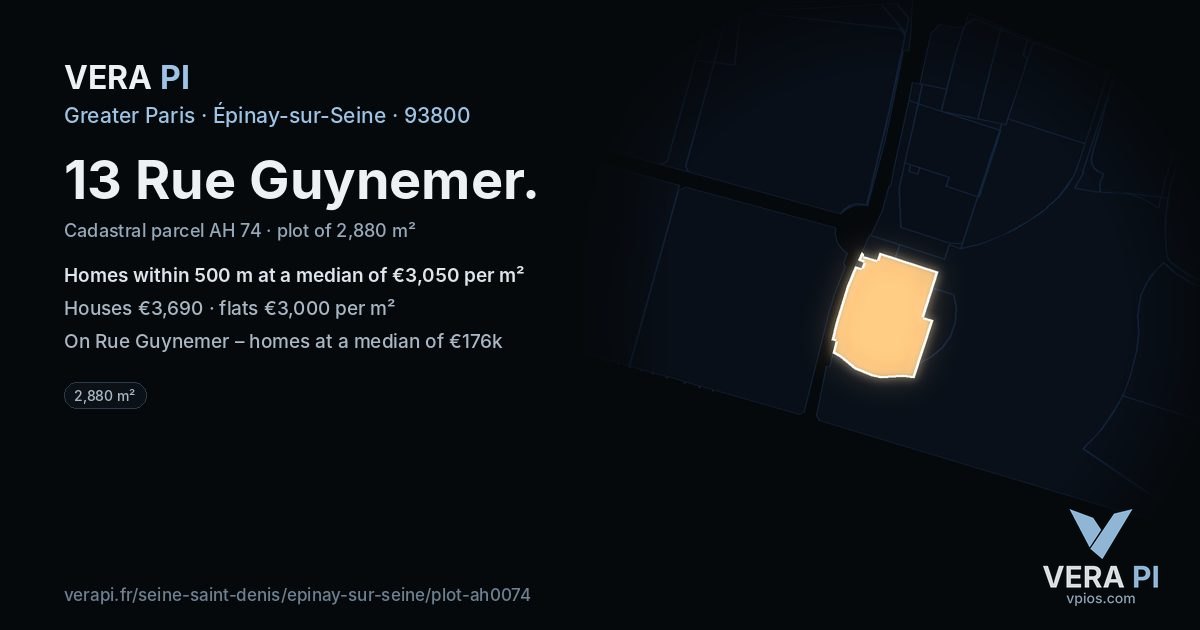13 Rue Guynemer, Épinay-sur-Seine at night – the plot lit, the parcels around coloured by the prices near them
