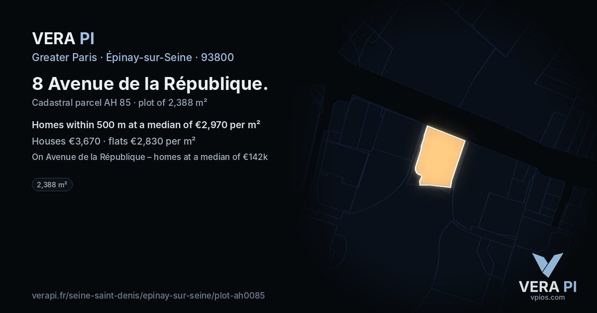 8 Avenue de la République, Épinay-sur-Seine at night – the plot lit, the parcels around coloured by the prices near them