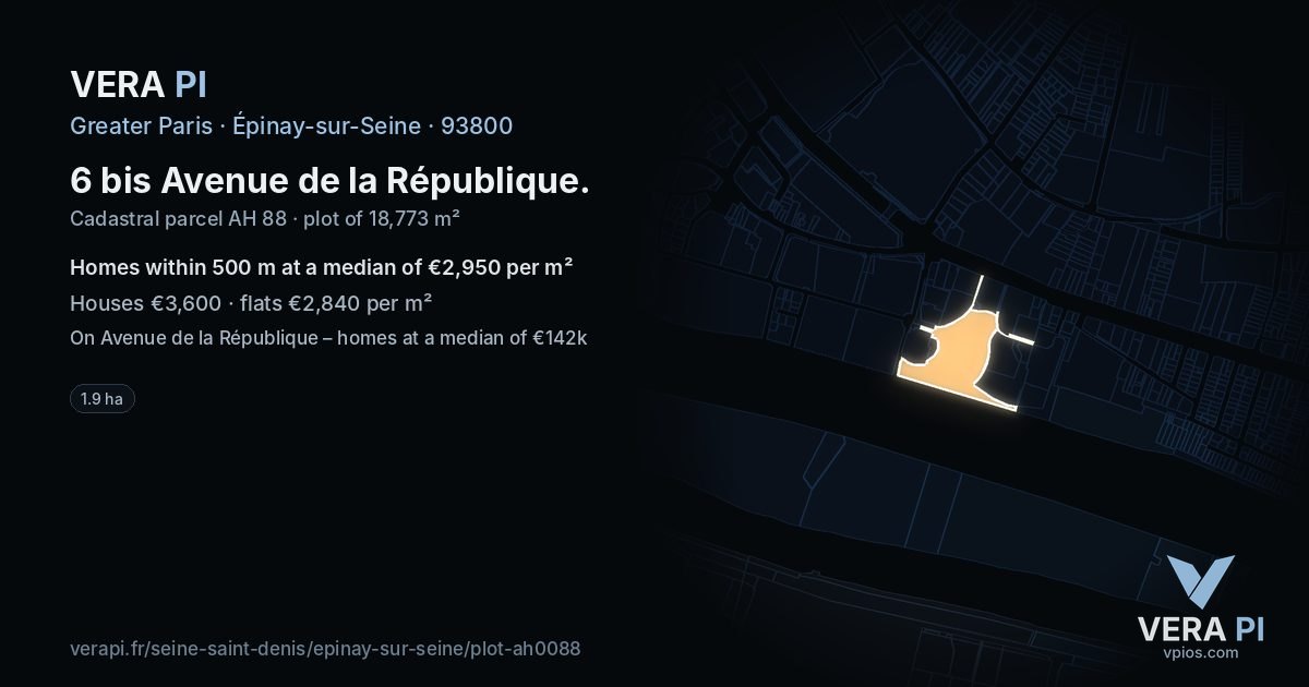 6 bis Avenue de la République, Épinay-sur-Seine at night – the plot lit, the parcels around coloured by the prices near them