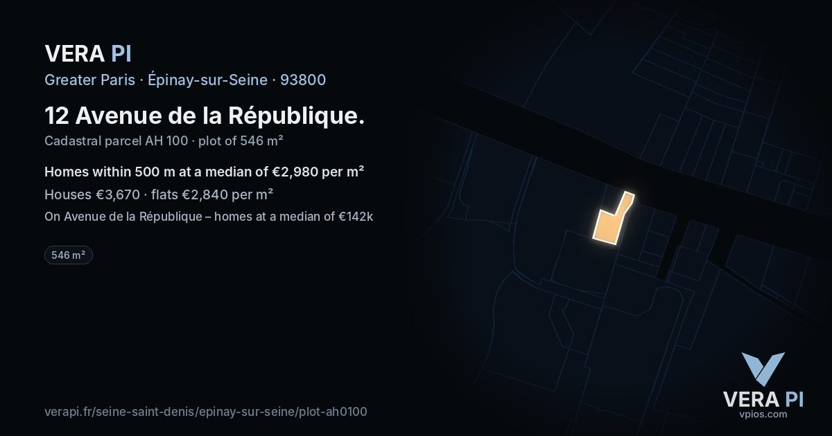 12 Avenue de la République, Épinay-sur-Seine at night – the plot lit, the parcels around coloured by the prices near them