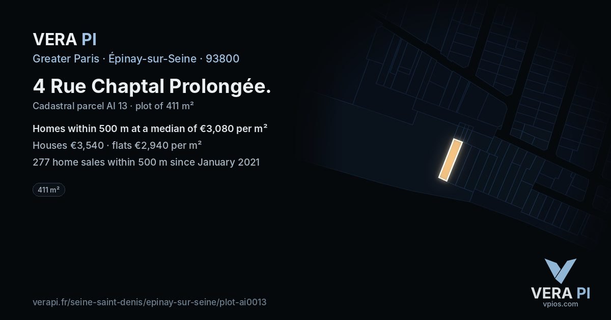 4 Rue Chaptal Prolongée, Épinay-sur-Seine at night – the plot lit, the parcels around coloured by the prices near them