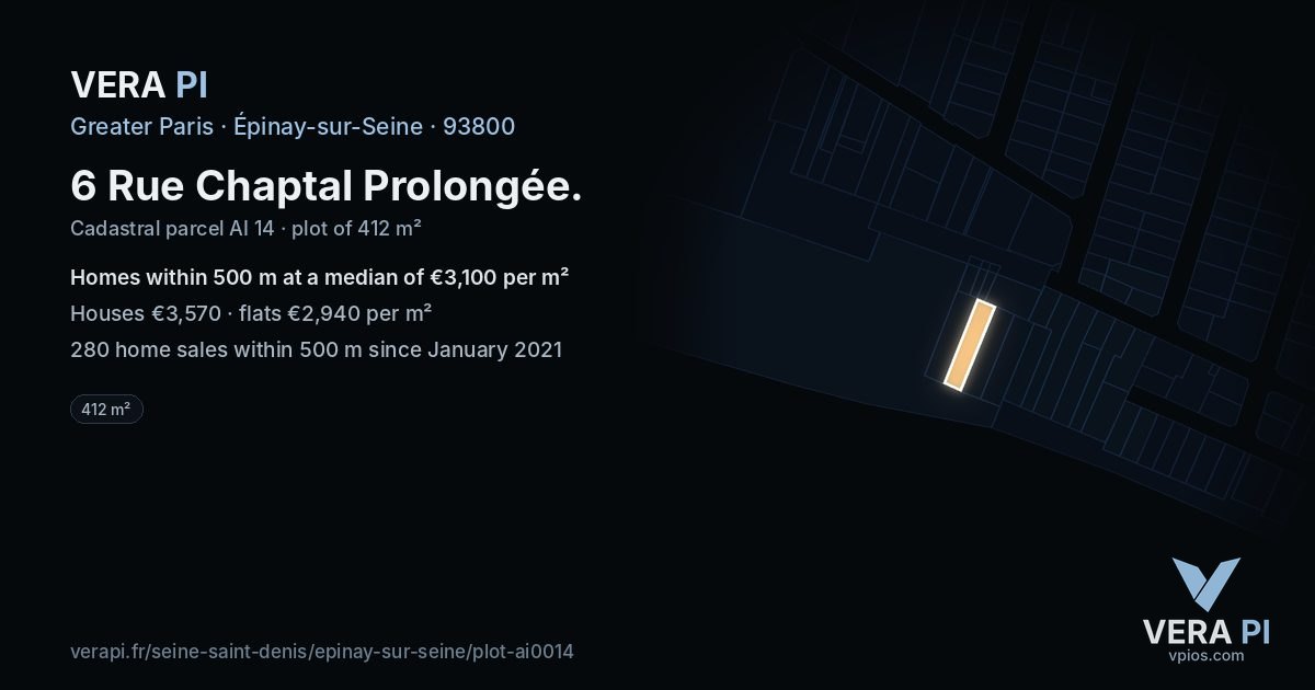 6 Rue Chaptal Prolongée, Épinay-sur-Seine at night – the plot lit, the parcels around coloured by the prices near them