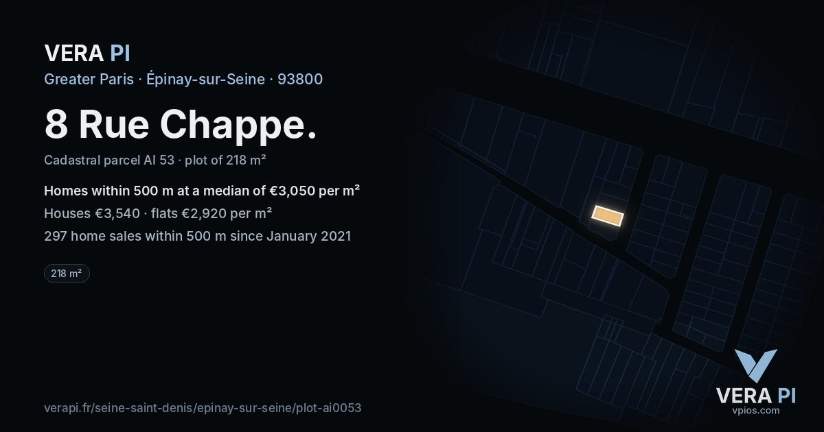 8 Rue Chappe, Épinay-sur-Seine at night – the plot lit, the parcels around coloured by the prices near them