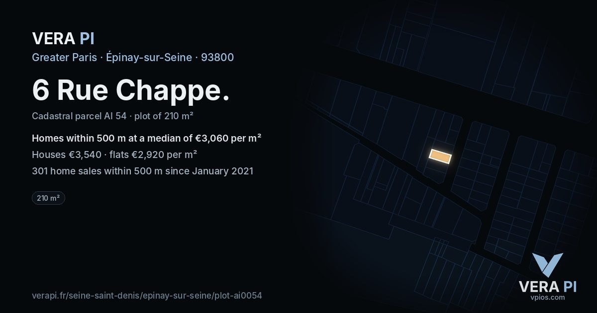 6 Rue Chappe, Épinay-sur-Seine at night – the plot lit, the parcels around coloured by the prices near them