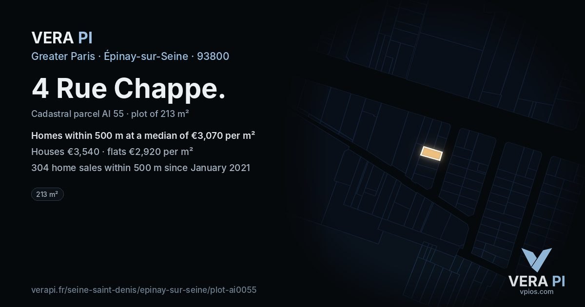 4 Rue Chappe, Épinay-sur-Seine at night – the plot lit, the parcels around coloured by the prices near them