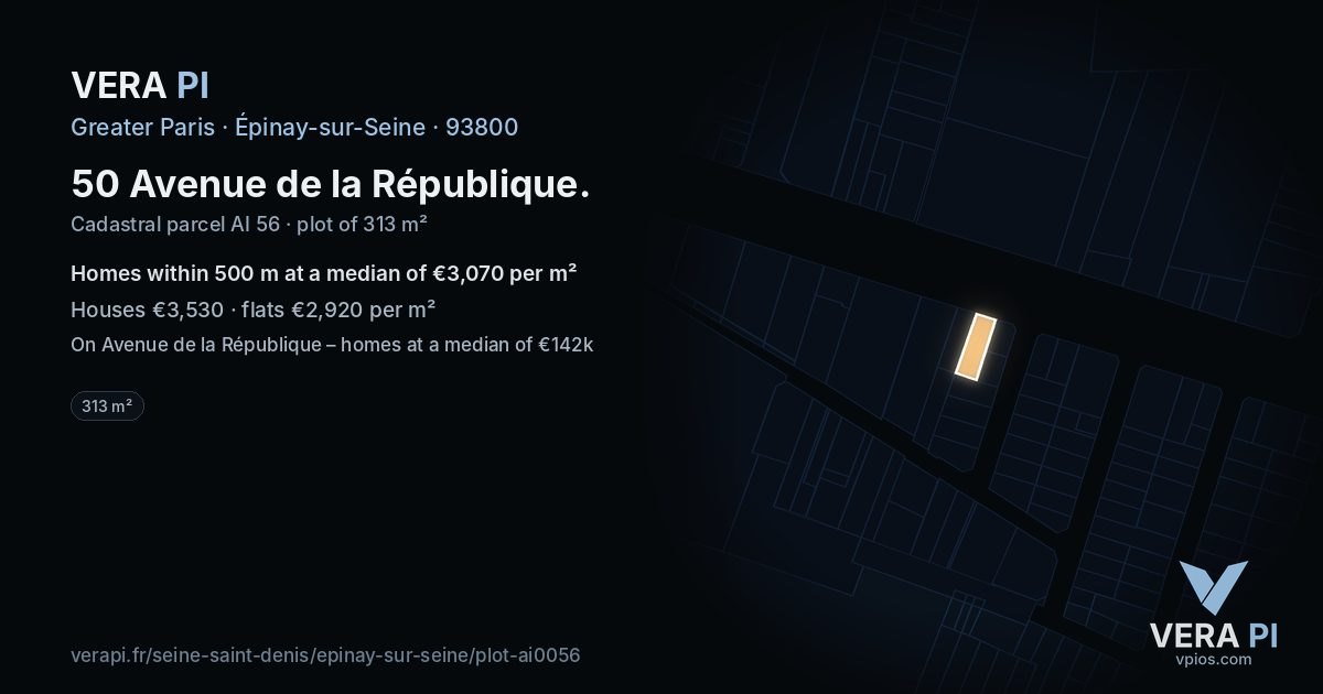 50 Avenue de la République, Épinay-sur-Seine at night – the plot lit, the parcels around coloured by the prices near them
