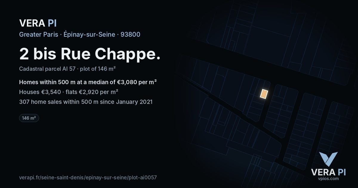2 bis Rue Chappe, Épinay-sur-Seine at night – the plot lit, the parcels around coloured by the prices near them