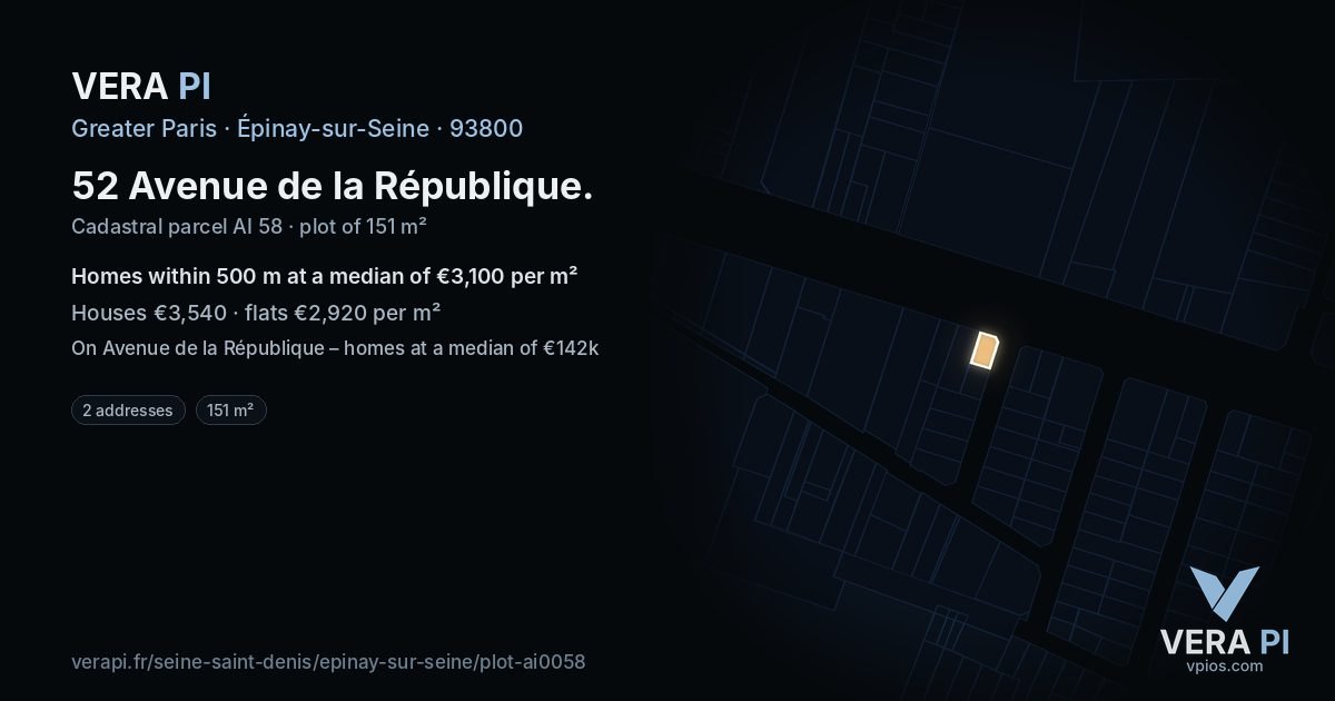 52 Avenue de la République, Épinay-sur-Seine at night – the plot lit, the parcels around coloured by the prices near them
