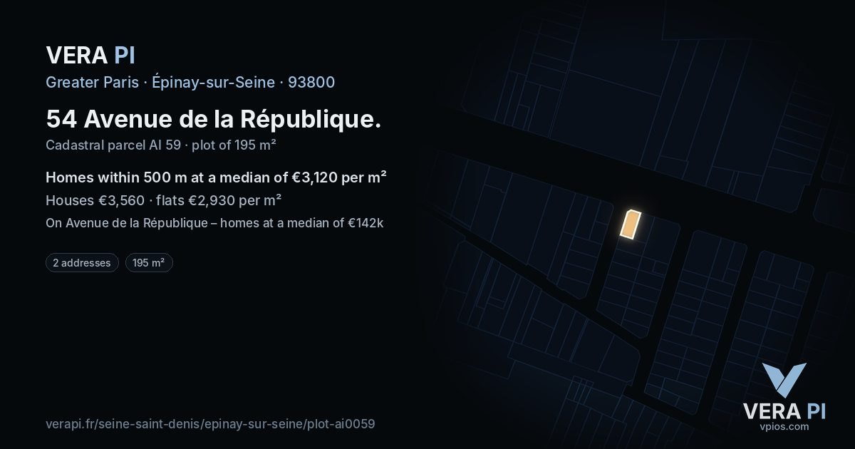 54 Avenue de la République, Épinay-sur-Seine at night – the plot lit, the parcels around coloured by the prices near them