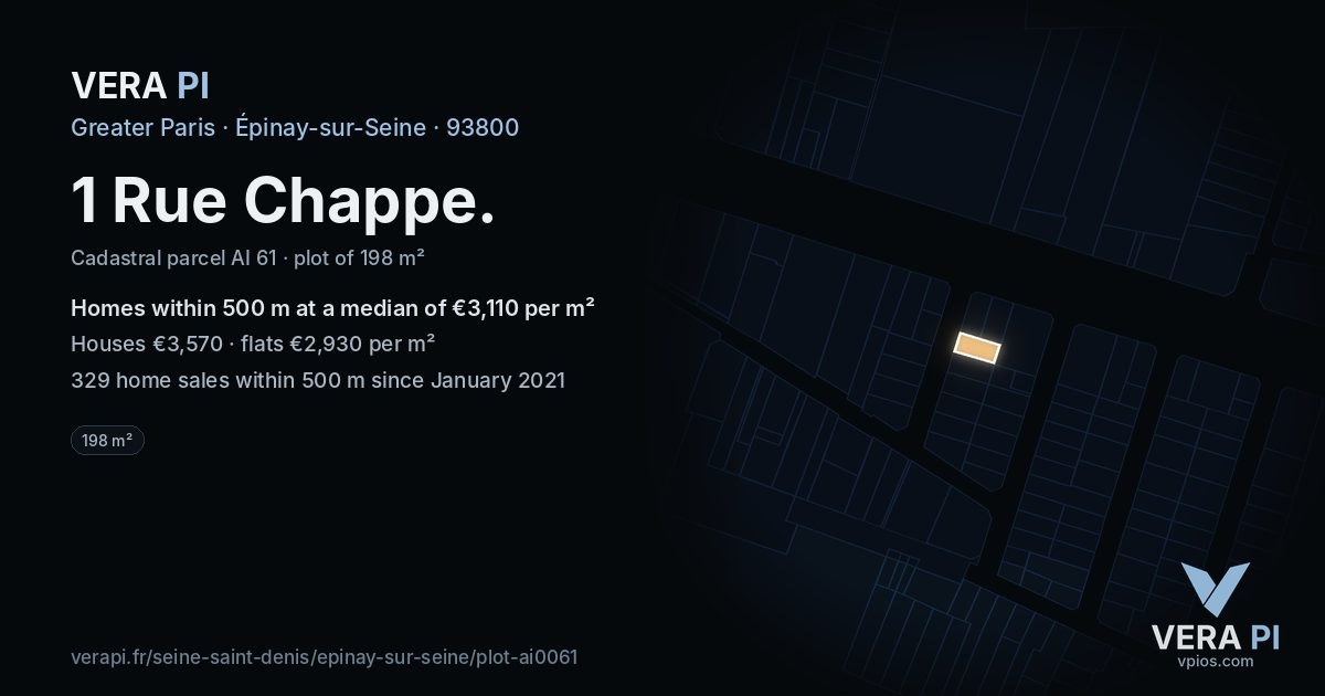 1 Rue Chappe, Épinay-sur-Seine at night – the plot lit, the parcels around coloured by the prices near them